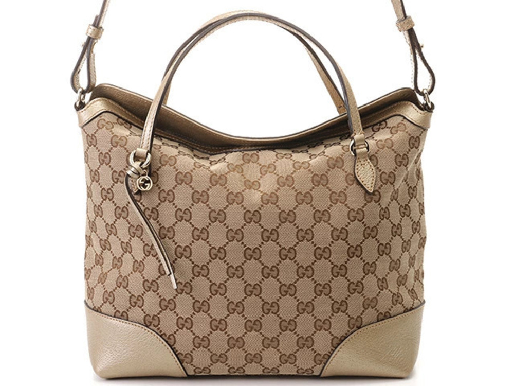 Gucci GG Canvas Shoulder Bag Beige Cream Gold Leather